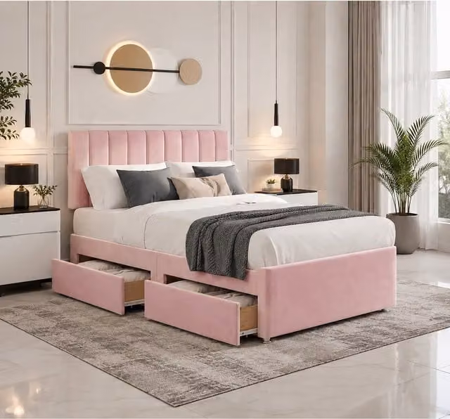 K Mehmood Enterprise Ltd Pink Velvet Orthopaedic Divan Bed Set with Mattress, Headboard and Drawers