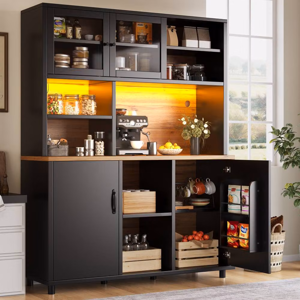 ModernLuxe Black Matt Kitchen Tall Unit with Integrated LED Lighting and Glass Sliding Doors, H 185.0 x W 40.0 x D 40.0 cm – 3