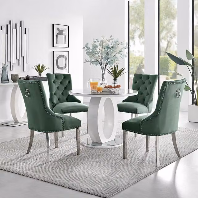 FurnitureboxUK Giovani Round Glass Dining Table and 4 Green Velvet Belgravia Chairs, Diameter: 100 cm