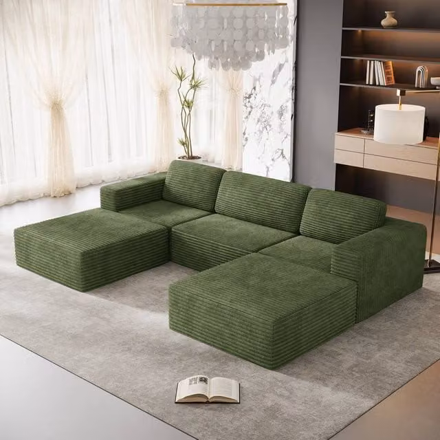 Dprodo Green Corduroy Modular U-Shape Sofa with Matching Ottoman and Removable Covers – 1