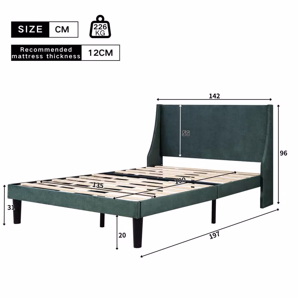 BTM Green Velvet Double Bed with Winged Headboard, W/D/H: 140 x 200 x 96 cm – 3