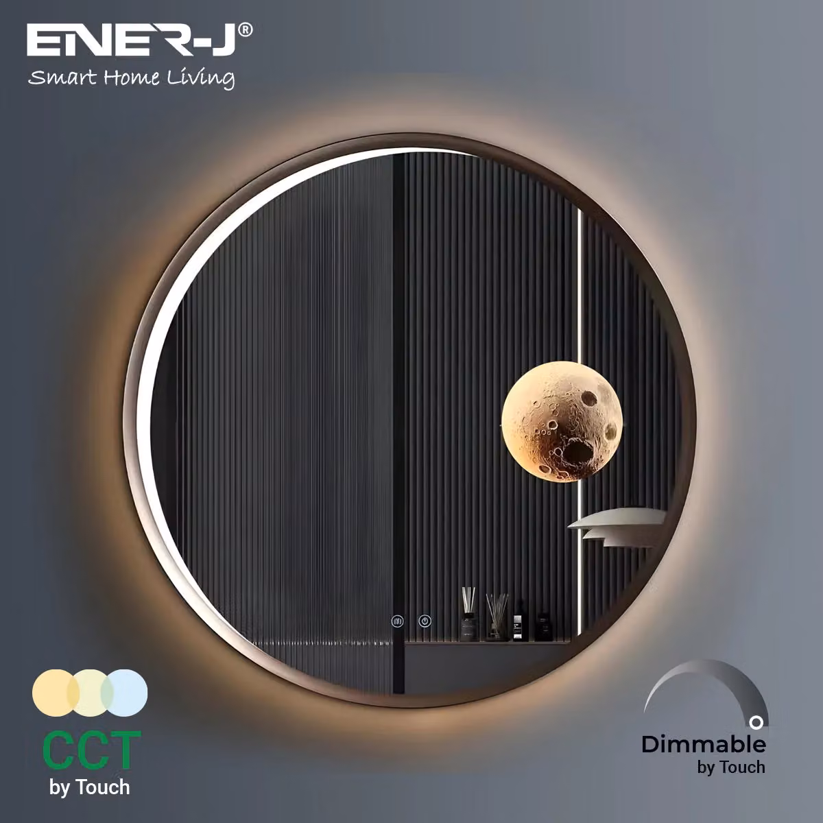ENER-J Round LED Mirror with Moon Design in White, Dimmable – 2