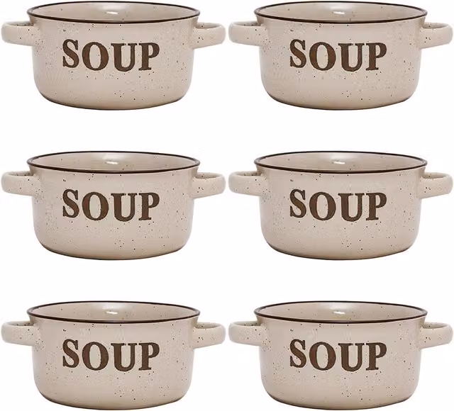 Dibor Set of 6 Classic Peppered Cream Ceramic Soup Bowls with Handles, Beige, H 7 cm x Dia 13.4 cm – 1