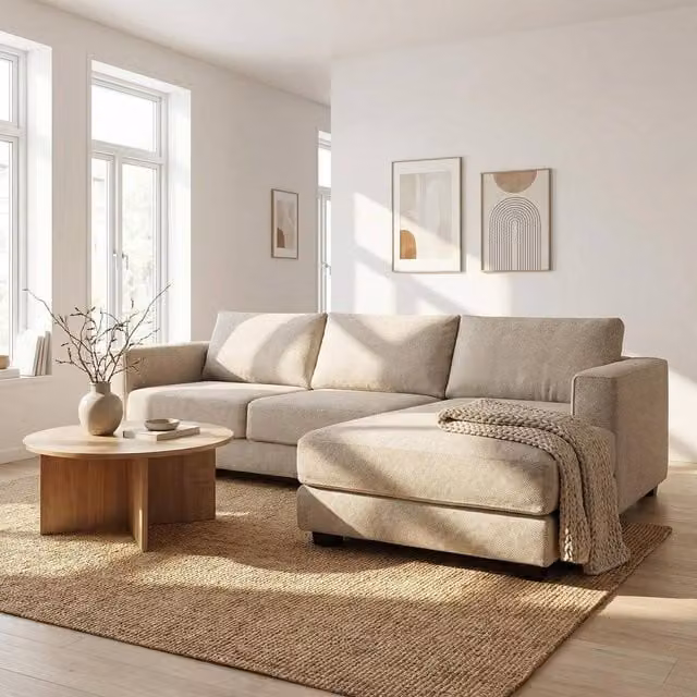Abakus Direct Kaizer L-Shaped Corner Sofa in Beige Boucle Fabric, Right Facing, W/D/H: 286 x 170 x 83 cm