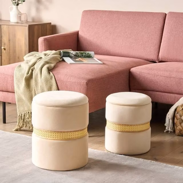 Wyld and Coco Beige Velvet Storage Pouffes Set of 2 with Rattan Detail