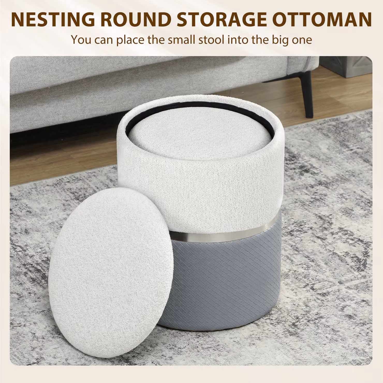 HOMCOM Set of 2 Nesting Round Ottomans with Storage in Grey – 4