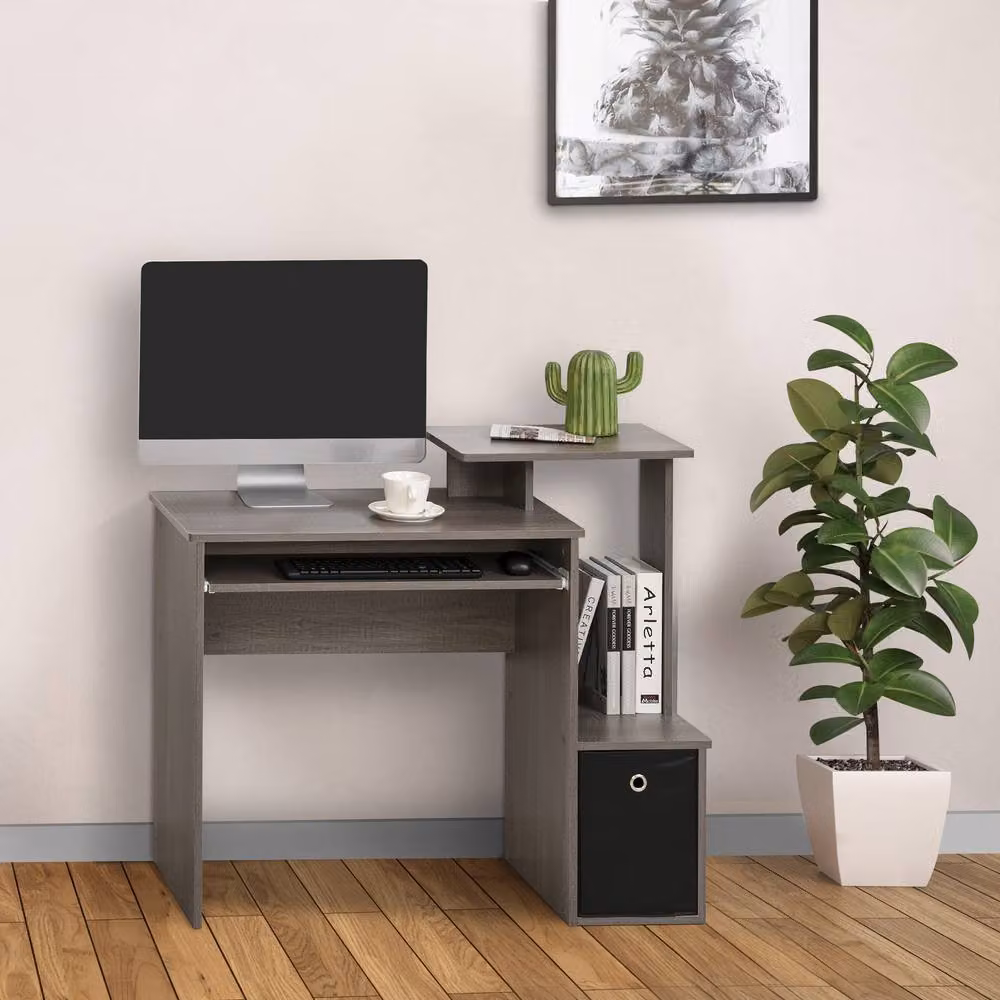 STILVORA Modern Grey Computer Desk with Keyboard Tray and Single Pedestal Drawer – 2