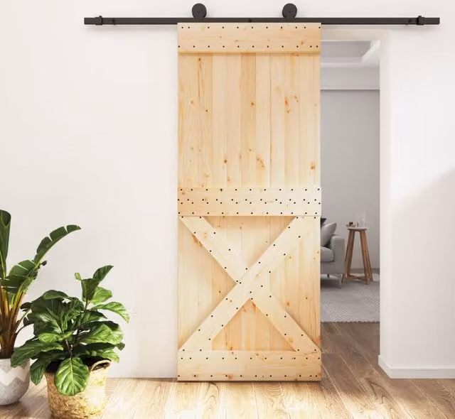 Berkfield Home Rustic Solid Pine Sliding Door with Hardware Set, Brown, W: 85 cm, H: 210 cm