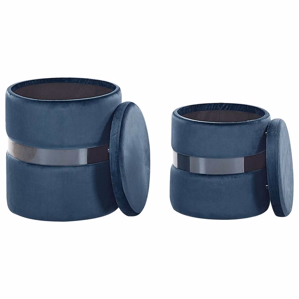 Wyld and Coco Set of 2 Light Blue Velvet Cylindrical Storage Pouffes with Metallic Band – 3