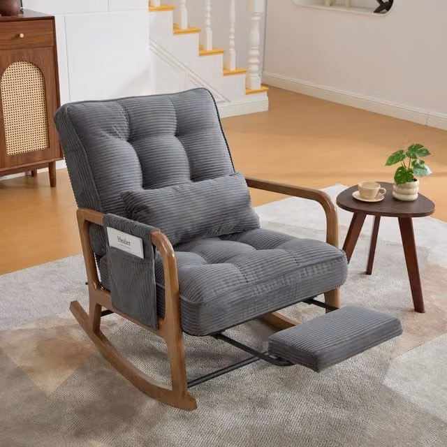 Aosom UK Grey Corduroy Rocking Chair with Adjustable Footrest and Side Pocket, W/D/H: 80 x 92 x 70 cm – 1