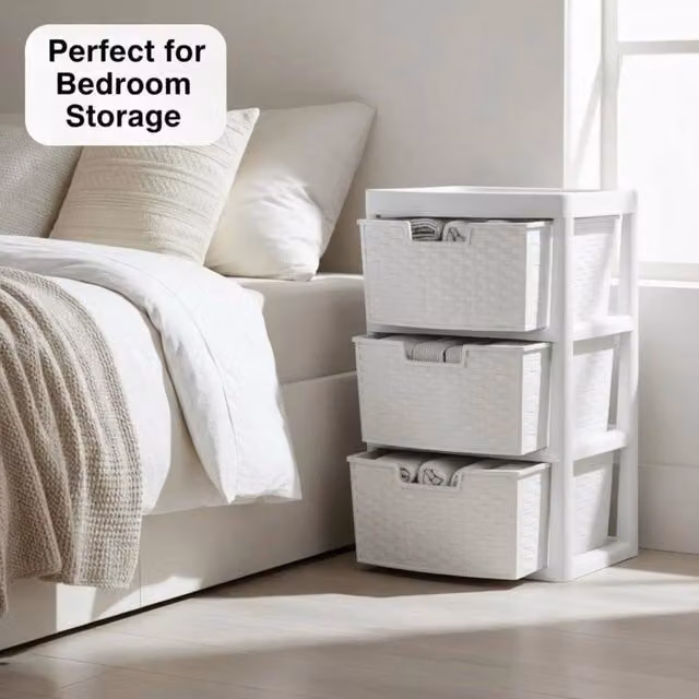 FORGEVIO 3 Tier Large Plastic Rattan Storage Drawer in White