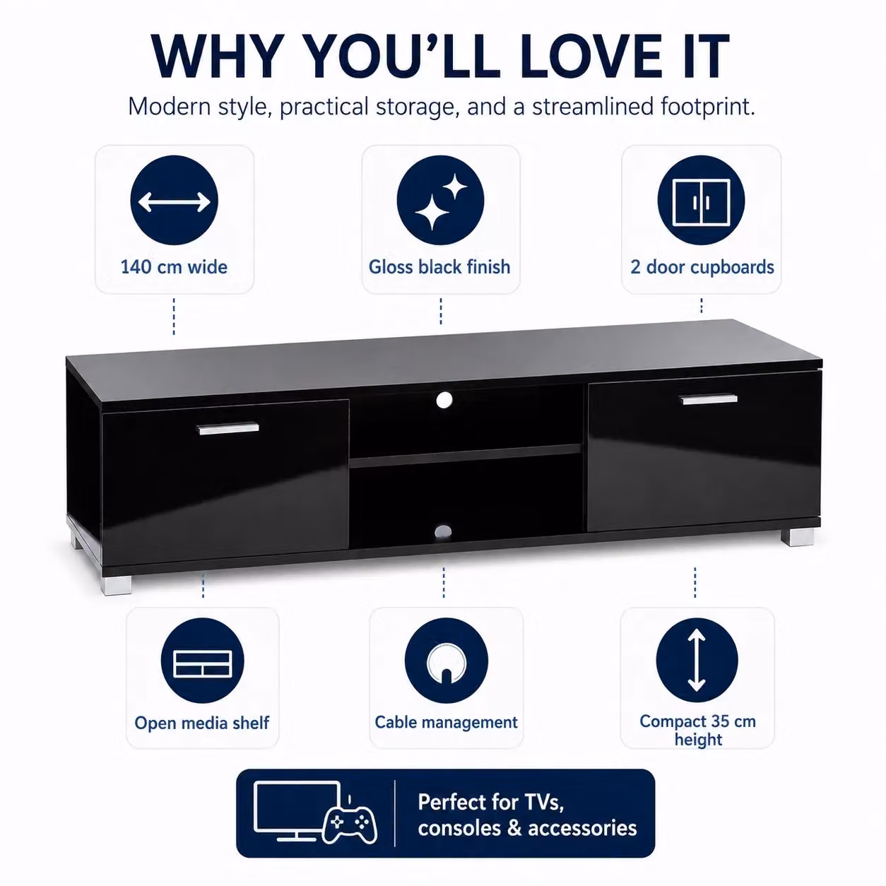 Moderna Black Gloss TV Stand Cabinet with Integrated LED Lighting and Media Compartments – 3