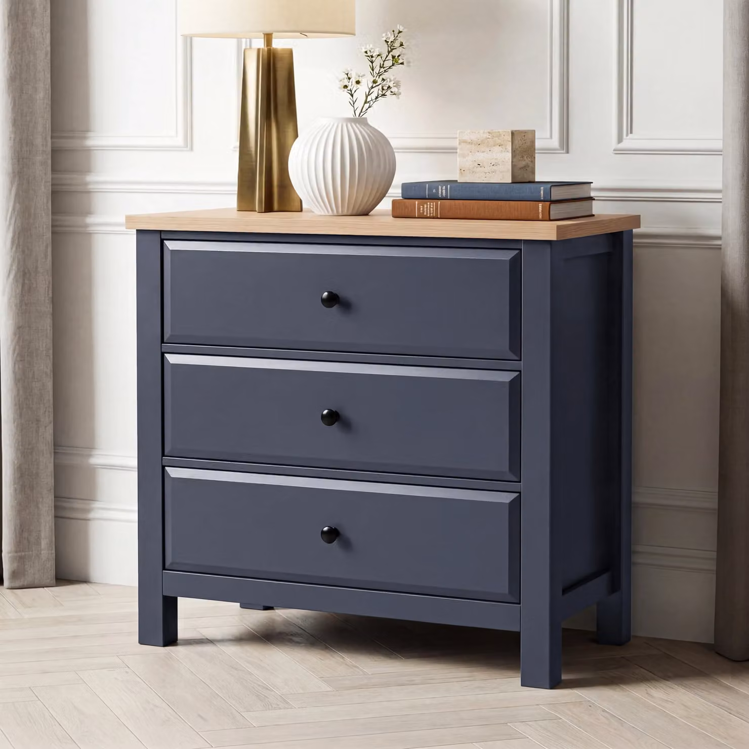 DHS Blue Painted 3 Chest of Drawers with Oak Top, W/D/H: 83 x 42 x 80 cm