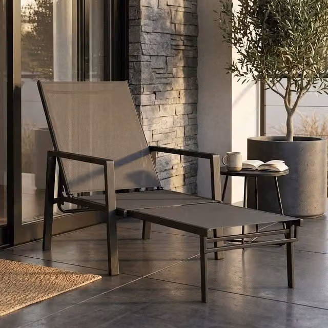 Outsunny Black Sun Lounger with Retractable Footrest and 5-Position Adjustable Textilene Fabric