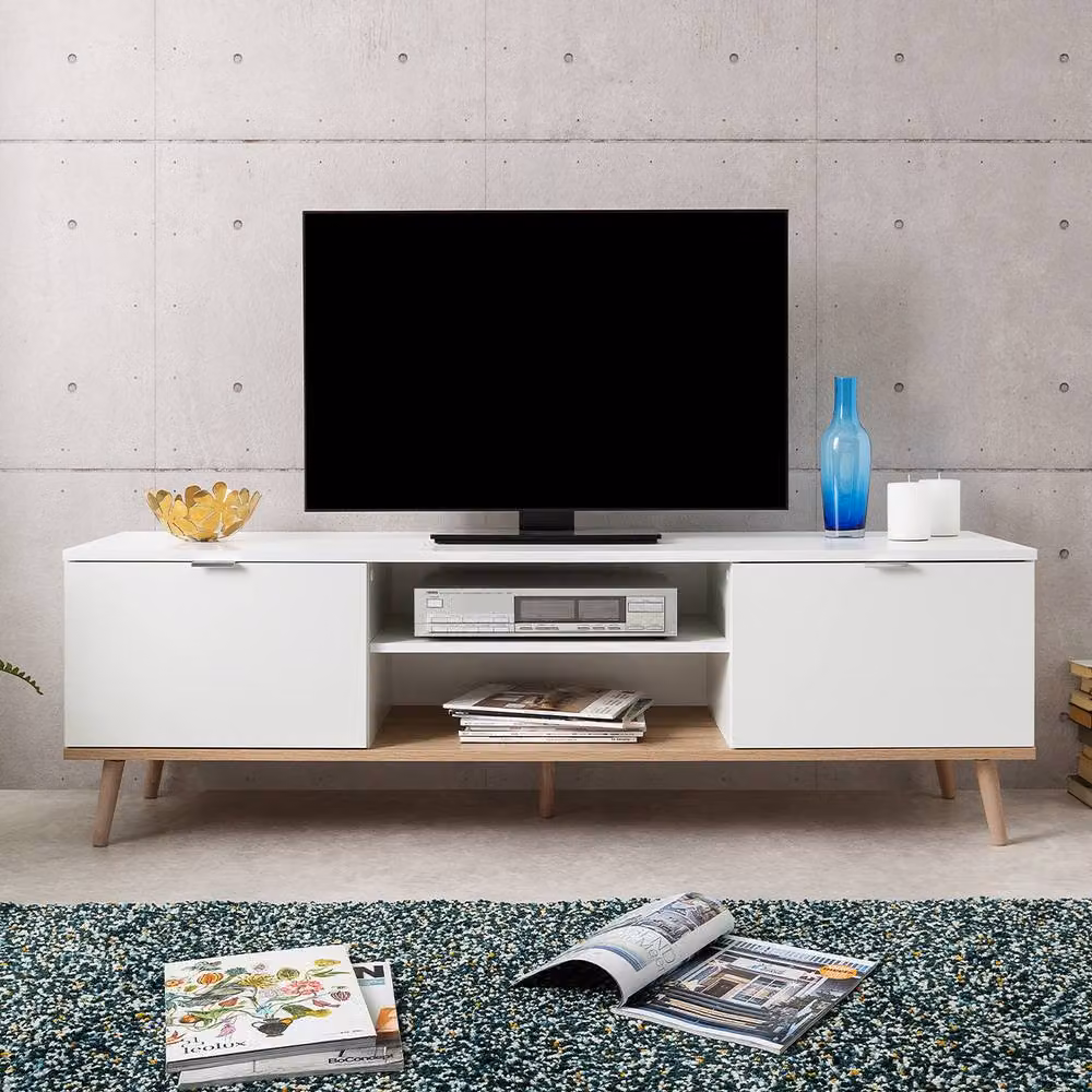 CALICOSY Copenhagen White TV Unit with 2 Doors and 2 Shelves, W: 160 cm, D: 40 cm, H: 50 cm – 2