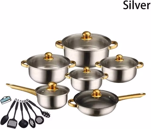 EONLION 18-Piece Non-Stick Induction Stainless Steel Cookware Set in Silver – 1