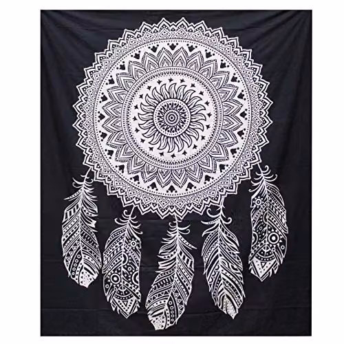 Beespoke Gifts Dreamcatcher Double Cotton Bedspread and Wall Hanging Set in Black and White – 1