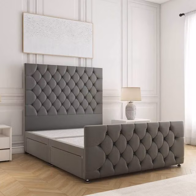 BSSPOKE Maya Grey Velvet Divan Bed with 54 inch Headboard and 2 Drawers, W/D/H: 140 x 200 cm