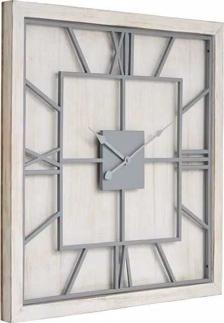 KDMK Modern Square Metal and Wood Analog Wall Clock in White and Grey