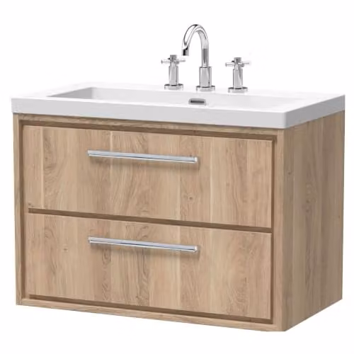 Balterley Wall Hung Vanity Unit with 2 Soft Close Drawers and 3 Tap Hole Rectangular Sink, Light Oak