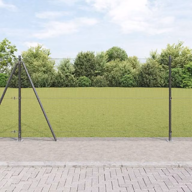 Berkfield Home Grey Steel Welded Wire Fence with 7 Flanged Posts, W: 10 m, H: 1.2 m – 1