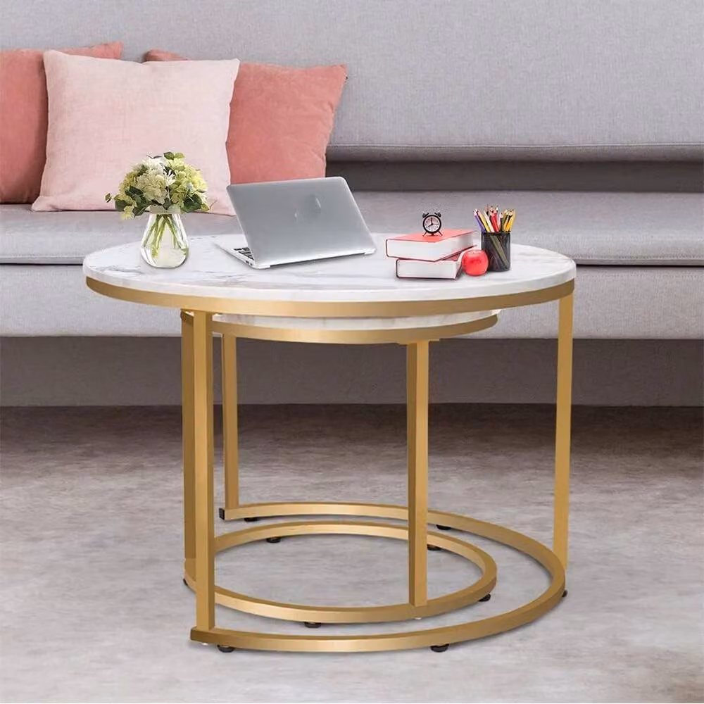SPETLEK Nesting Coffee Table Set in White with Glossy Round Tops and Sled Base – 2