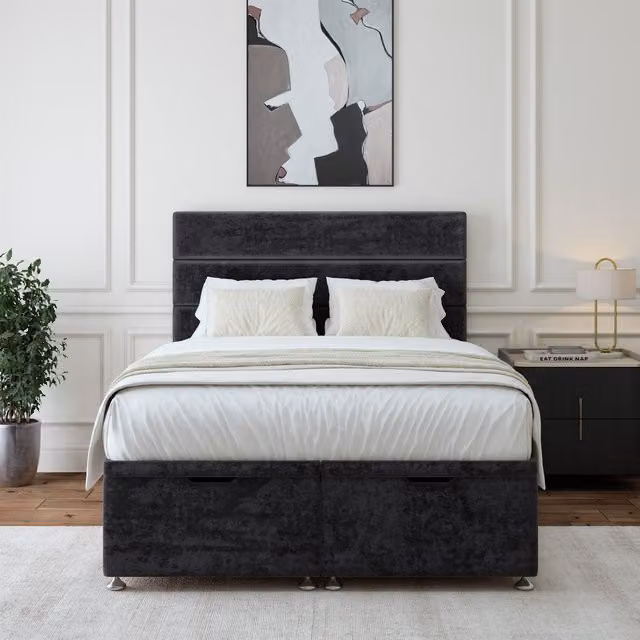 Bedmaster Luxury Velvet Ottoman Divan Base and Lined Headboard in Black, W/D/H: 120 x 200 cm