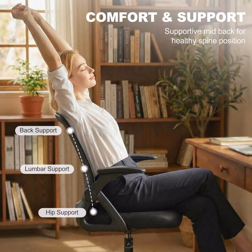 STILVORA Black Fabric Drafting Chair with Flip-up Armrests and Foot Ring – 6