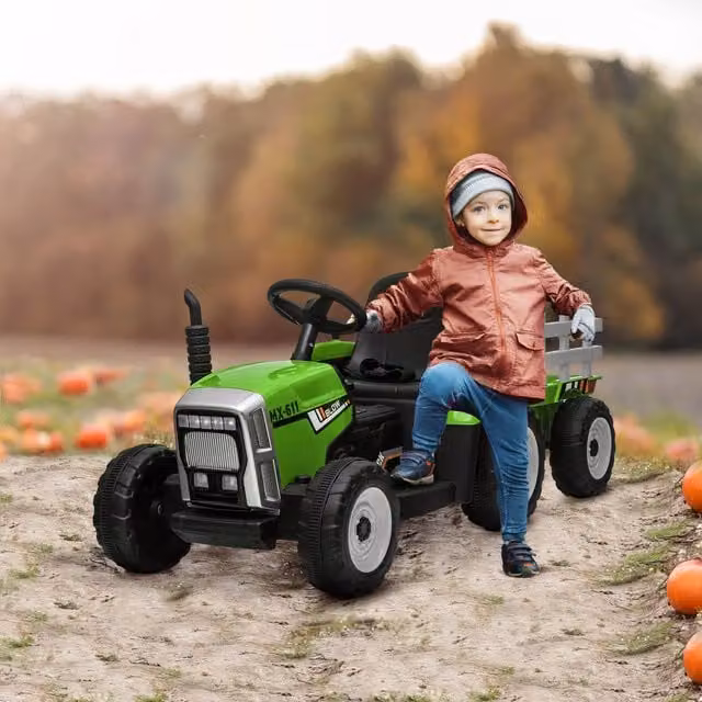 HOMCOM Electric Ride On Tractor with Detachable Trailer and Remote Control, Green