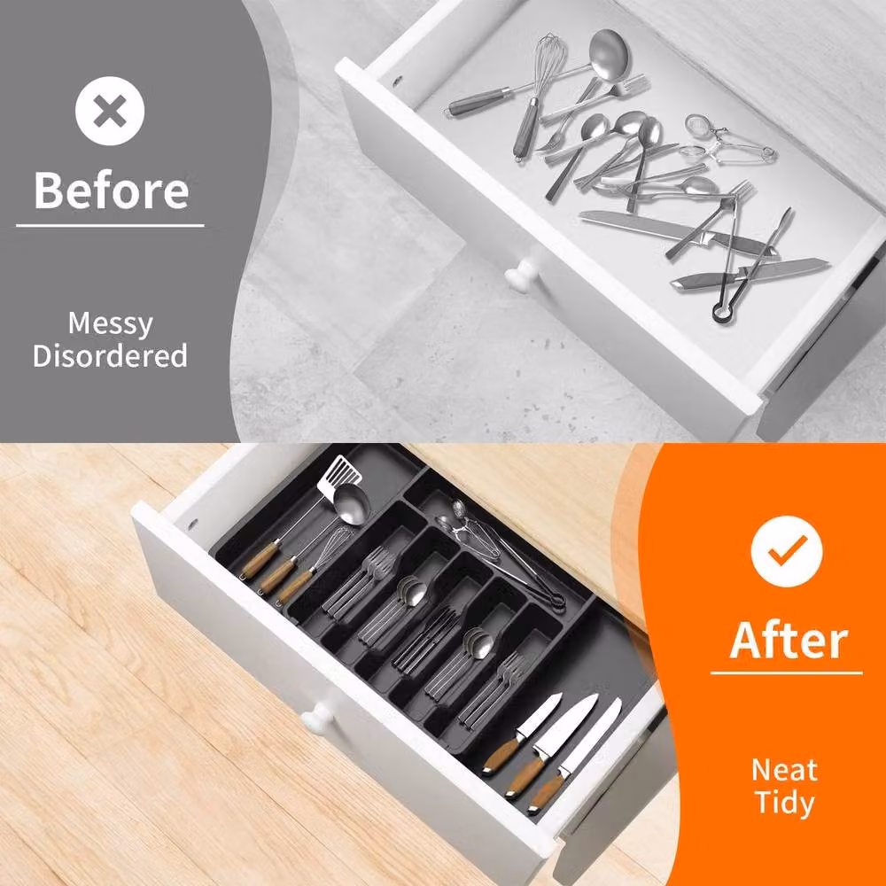 FLAVORA Expandable Plastic Cutlery Drawer Tray, Black – 3