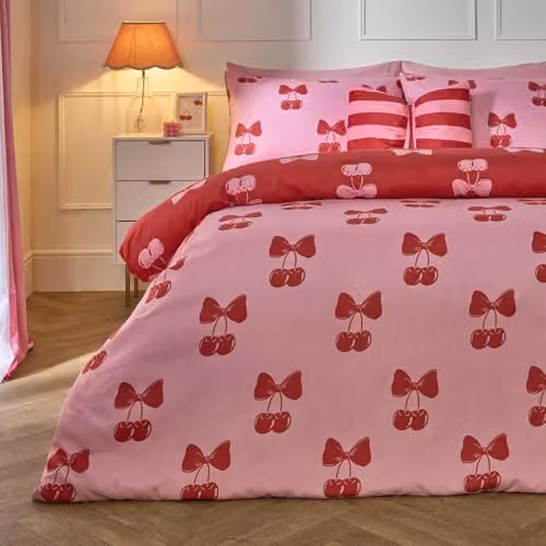 OHS Cherry Bow Reversible Microfibre Duvet Cover and Pillowcase Set, Pink/Red, Duvet Cover: 200 x 200 cm, Pillowcase: 50 x 75 cm