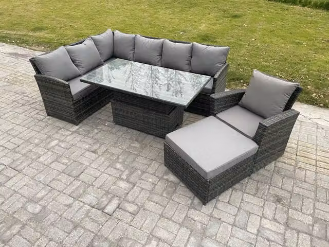 Fimous Dark Grey PE Rattan Garden Furniture Set with Height Adjustable Lifting Table, Armchair and Footstool