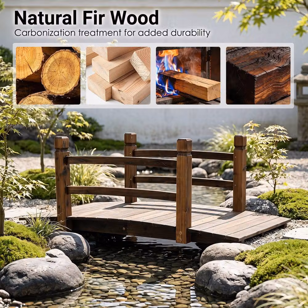 Gymax Brown Fir Wood Garden Bridge with Safety Railings, 125 cm – 9