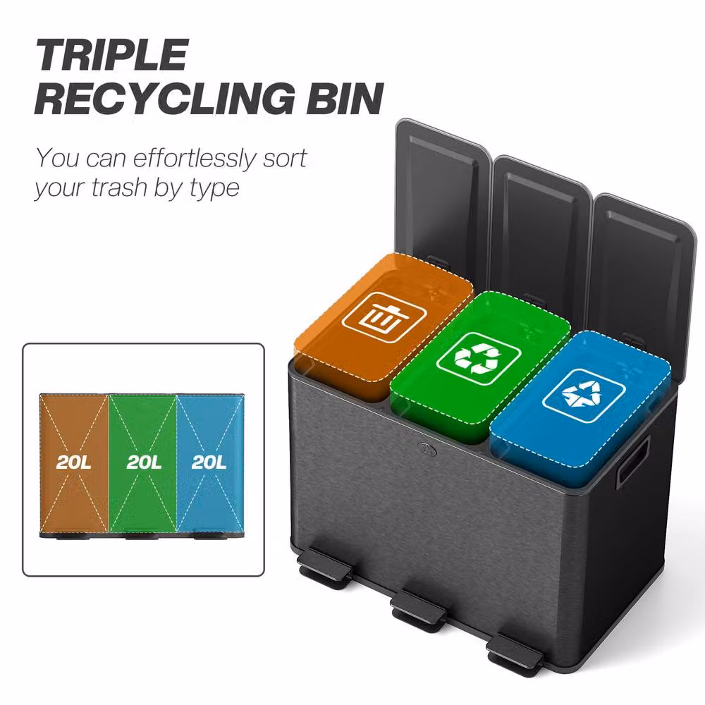 STILVORA Triple Pedal Bin, 3 x 20L, Black Stainless Steel with Soft Close and Odour Filter – 4