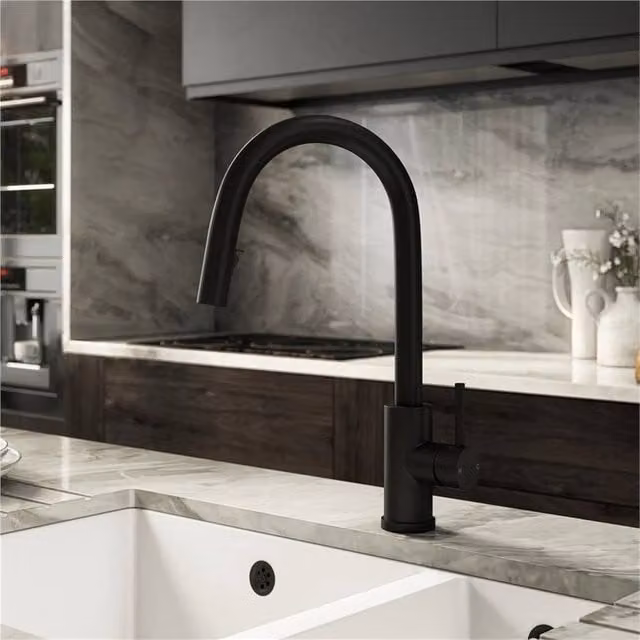 Nordara Swan Neck Pull Out Mono Kitchen Mixer Tap in Matt Black with Ceramic Single Lever Control – 1