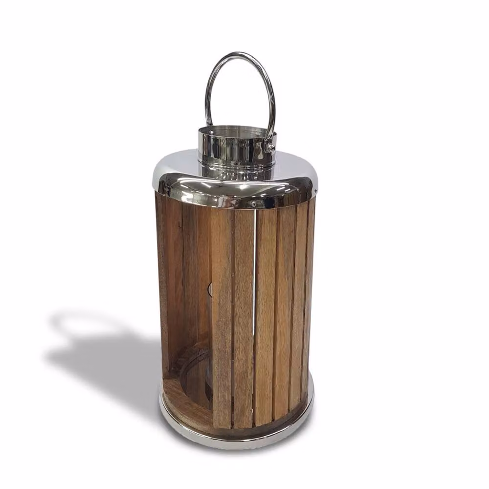 Elm Home And Garden Mango Wood and Stainless Steel Lantern, Silver Glass Hurricane Candle Holder, H 48.0 cm x W 26.0 cm x D 26.0 cm – 2
