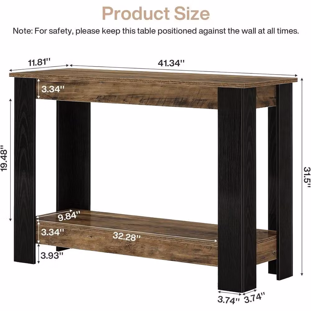 VOGREX Industrial Narrow Console Table with Storage Shelf in Brown and Black, W/D/H: 105.0 x 30.0 x 76.7 cm – 2