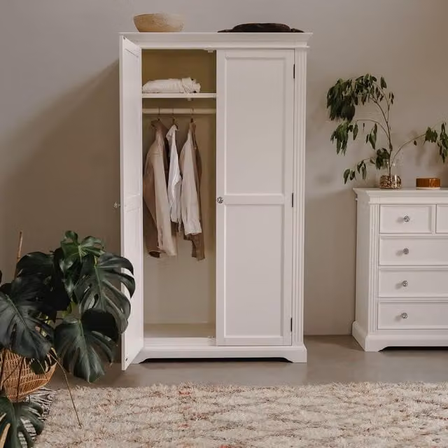 Gainsborough White Double Wardrobe with Crystal Handles - White, H 200 cm x W 115 cm x D 62 cm