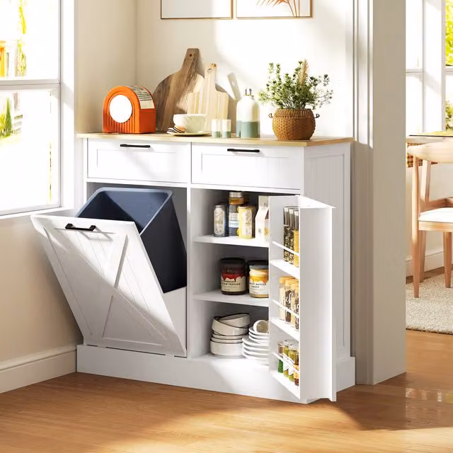 HOMCOM White Rustic Farmhouse Kitchen Sideboard with Integrated Trash Bin