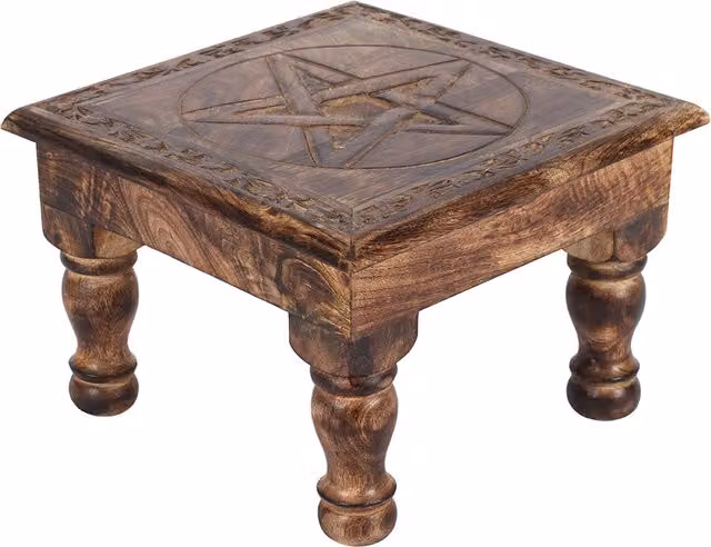 KDMK Pentagram Altar Table in Brown Mango Wood with Carved Border