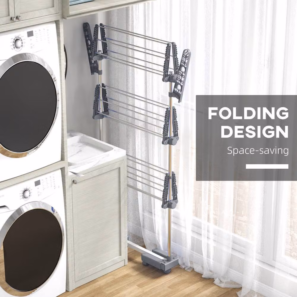 STILVORA Foldable Metal Clothes Horse with Three Shelves and Wheels in Grey – 5