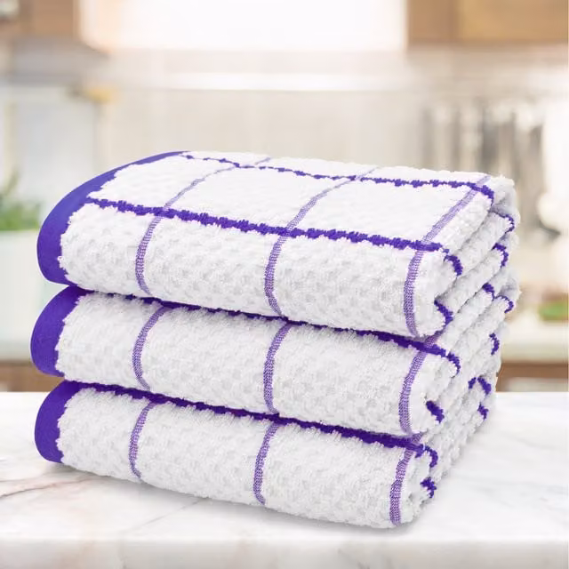 Kitchen Trends Set of 3 Highly Absorbent Checked Cotton Tea Towels in Purple, Grey, Beige, Orange and White