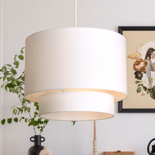 Lighting Collection White 2 Tier Fabric Drum Lamp Shade, Diameter: 30 cm – 1