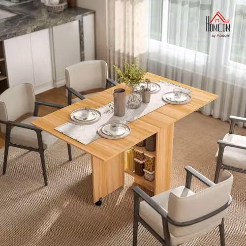 HOMCOM Folding Drop Leaf Dining Table in Teak Brown and Beige, W/D/H: 140 x 80 x 74 cm – 2