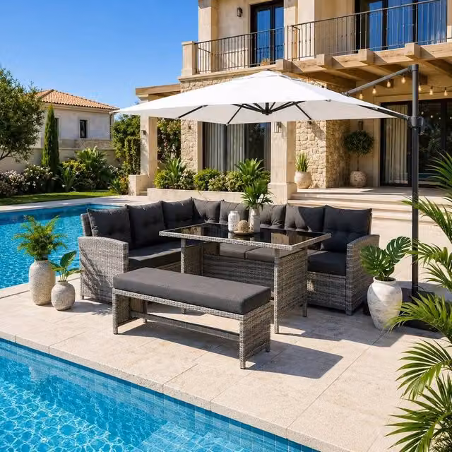 Home Detail Montego Corner Rattan Garden Dining Set in Mid Grey