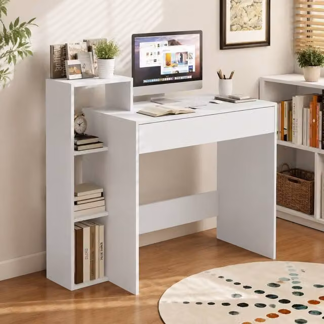 STILVORA Modern White Writing Desk with Storage and 3 Shelves