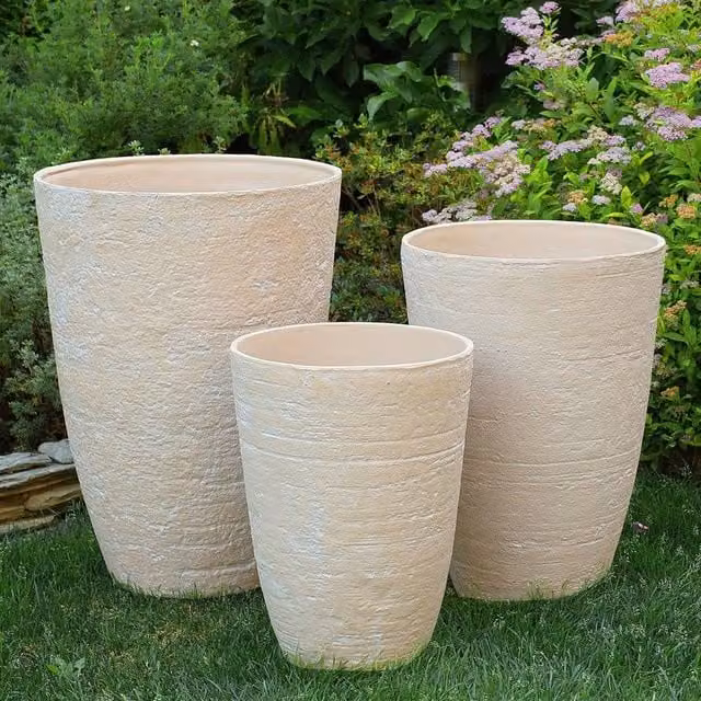 Wyld and Coco Beige LuxStone Planter Set of 2 - Tall Round Indoor and Outdoor Pots – 1