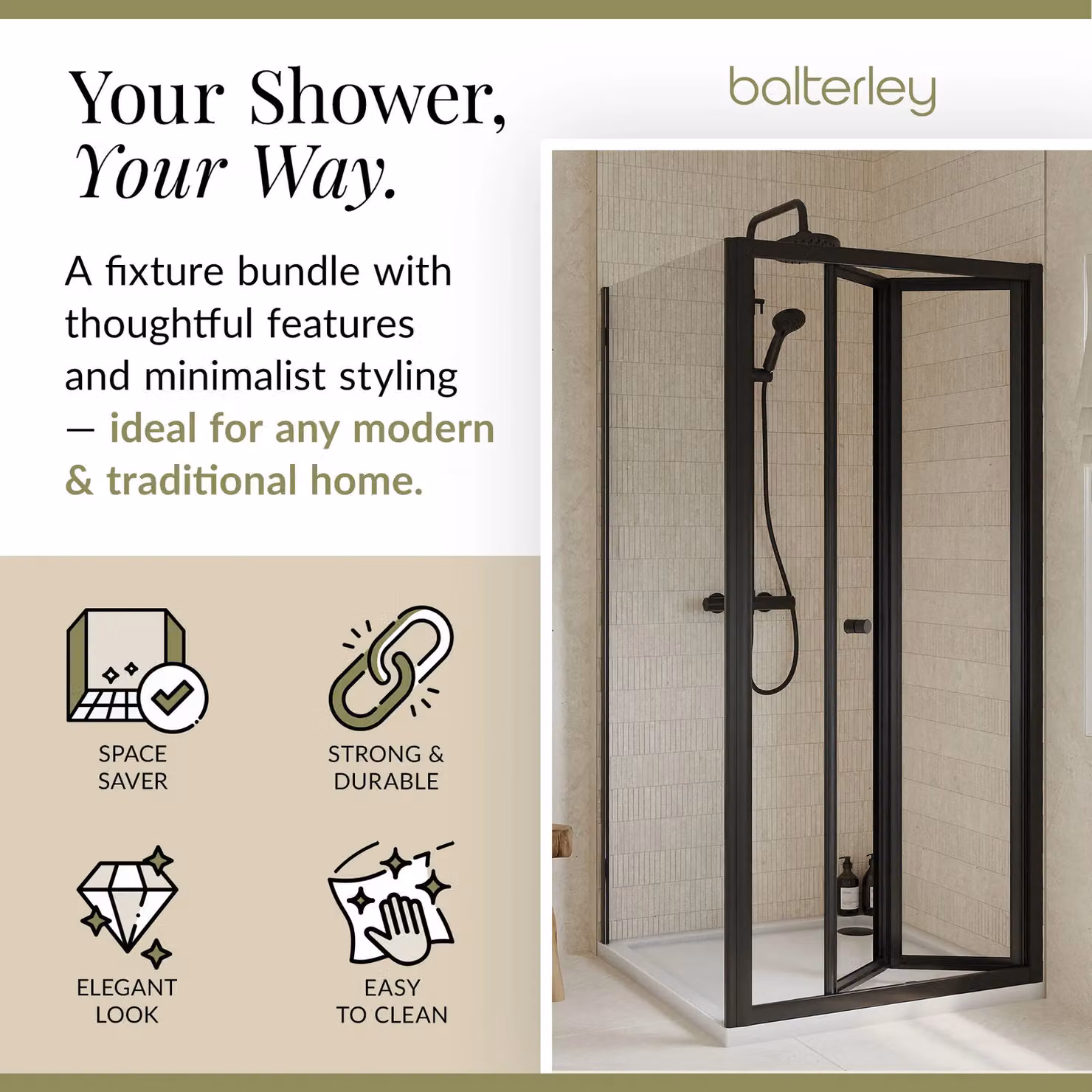Balterley Ruwa Square Corner Shower Enclosure with Bi-Fold Door, Side Panel and Tray, Black, W/D: 900 x 900 mm, 4mm Glass – 2