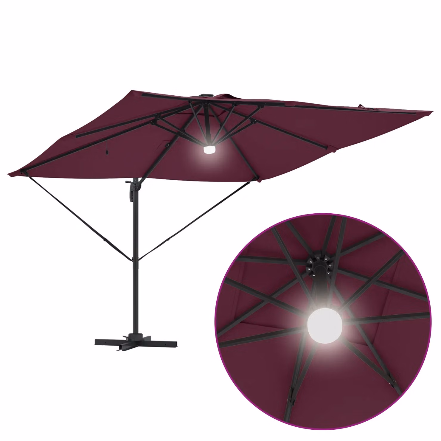 Berkfield Home Roma Cantilever Parasol with LEDs in Bordeaux Red, Aluminium, W/D/H: 285 x 284 x 270 cm – 6