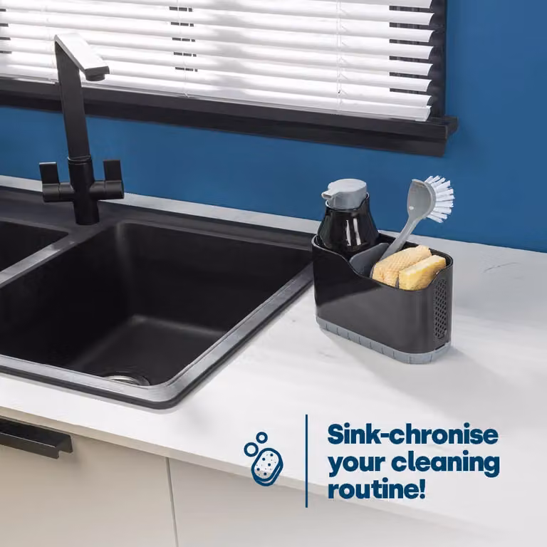 LIVIVO 2-in-1 Sink Caddy and Foam Soap Dispenser with Sponge Compartment and Drainage, Black and White Plastic Organiser